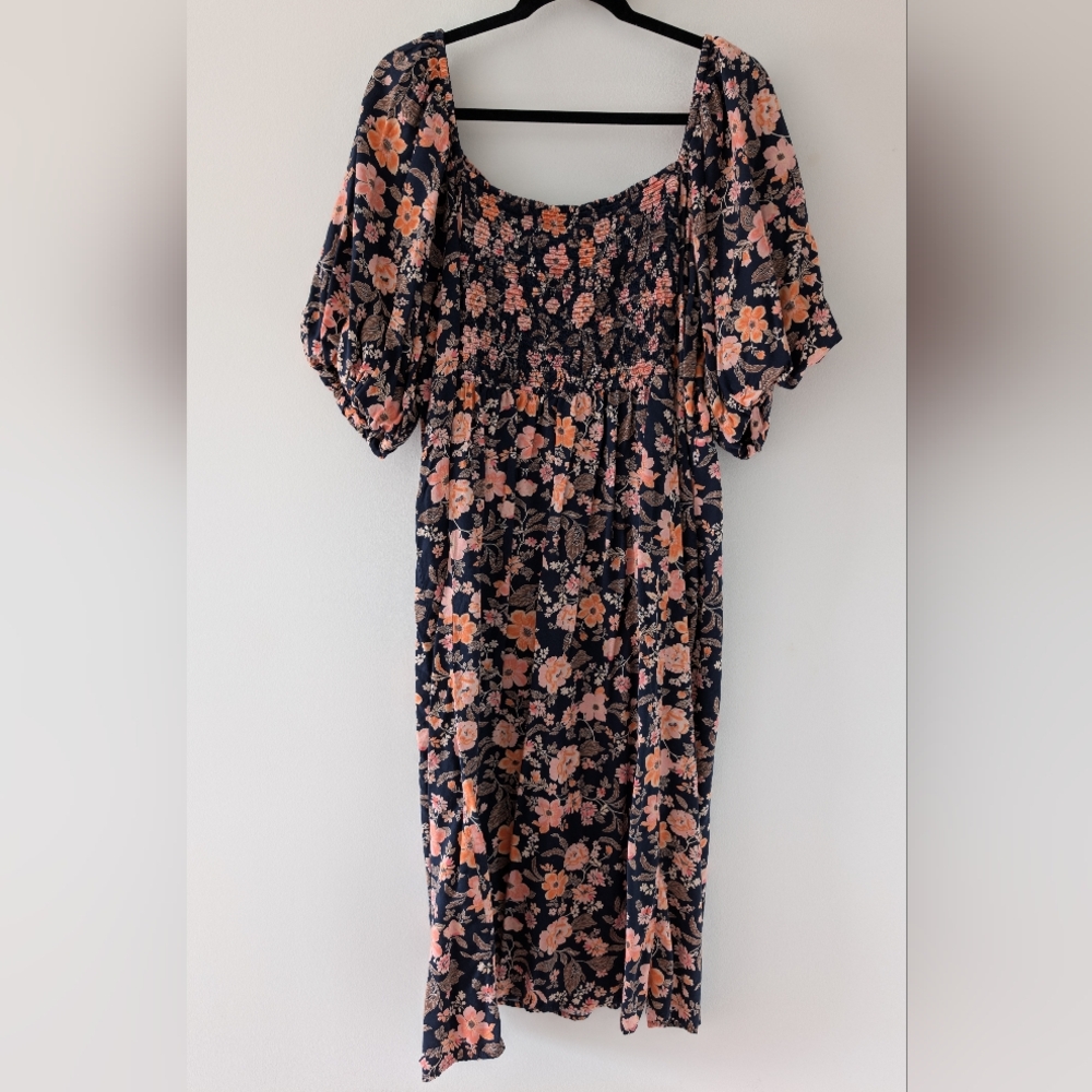 Old Navy Puff-Sleeve Floral-Print Pintucked Smocked Midi Swing Dress XXL EUC